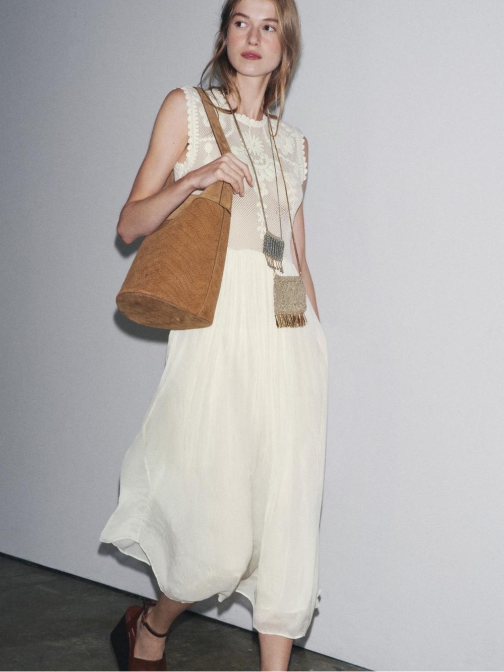 ZARA Embroidered Mesh Midi Dress Cream/Ivory NWT 6895/277 - Picture 5 of 6